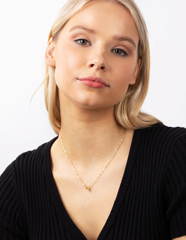 Real Gold Plated Thin Chain T&O Bar Necklace