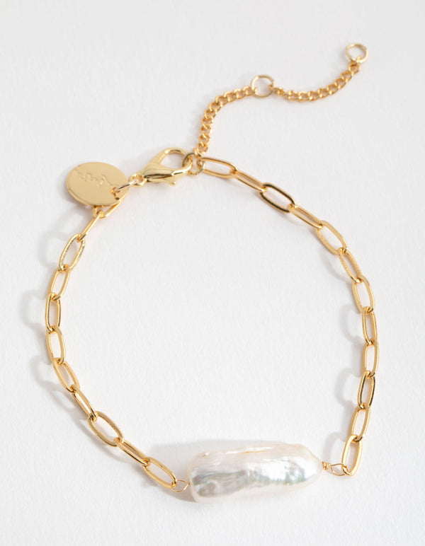Real Gold Plated Link Chain Long Freshwater Pearl Bracelet