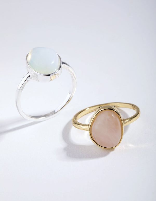 Real Gold and Silver Plated Oval Semi Precious Rings 2-Pack