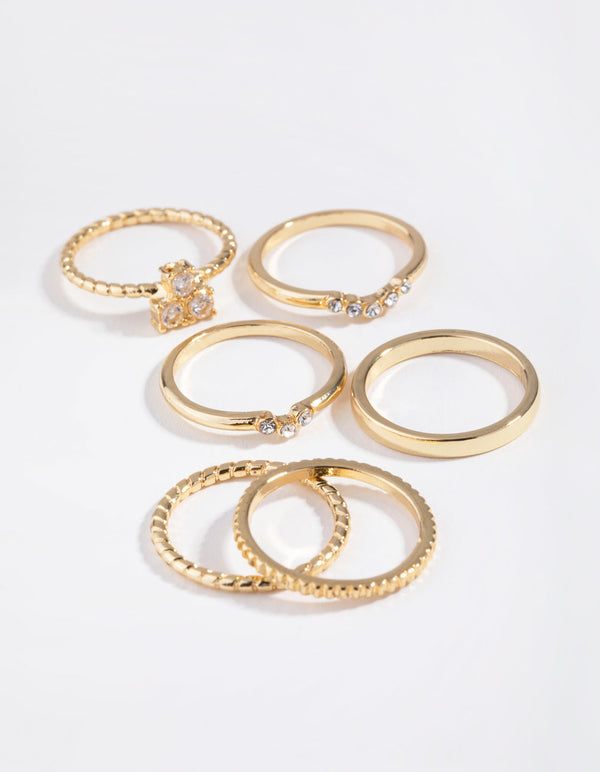Real Gold Plated Diamante and Plain Rings 6-Pack