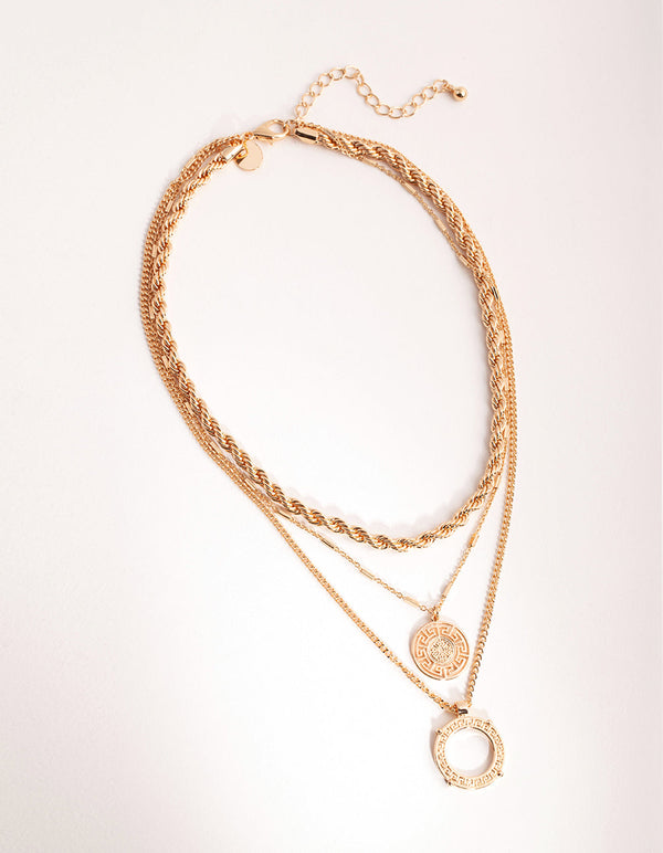 Gold Greek Key Disc 3-Row Necklace