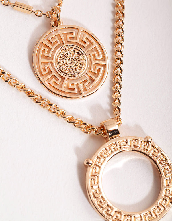 Gold Greek Key Disc 3-Row Necklace