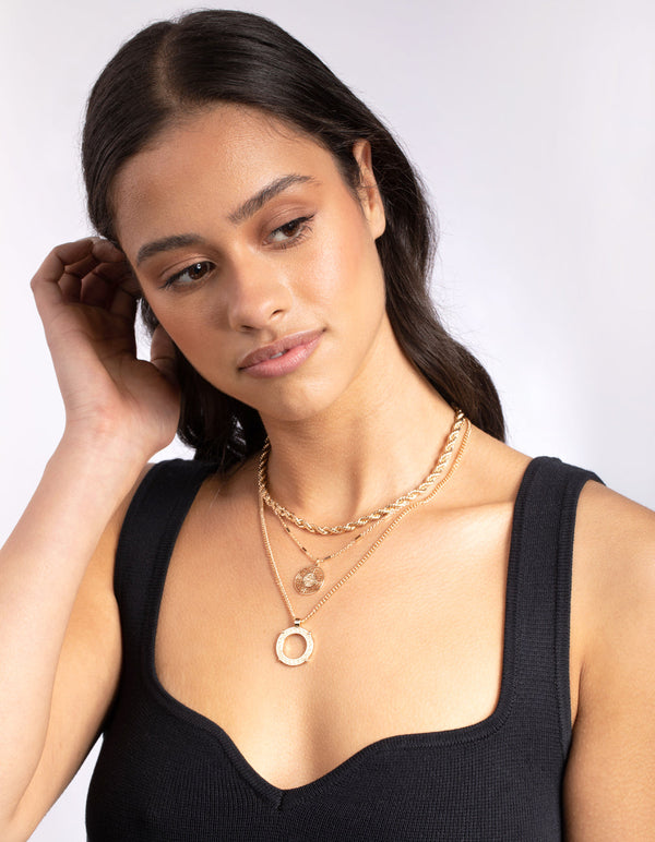 Gold Greek Key Disc 3-Row Necklace