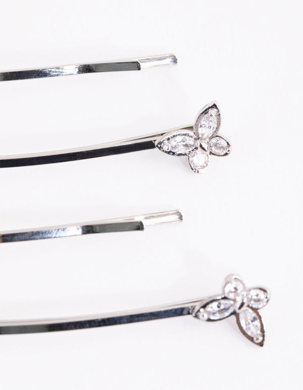 Silver Cubic Zirconia Flower and Butterfly 4-Pack Clip