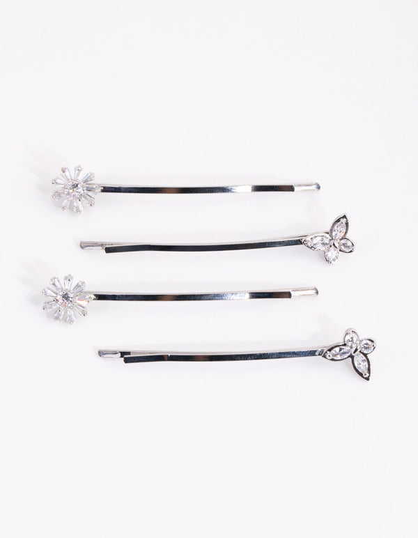 Silver Cubic Zirconia Flower and Butterfly 4-Pack Clip