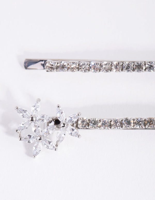 Silver Cubic Zirconia Flower Trio 2-Pack Clip