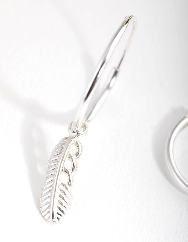 Sterling Silver Leaf Charm Hoop Earrings