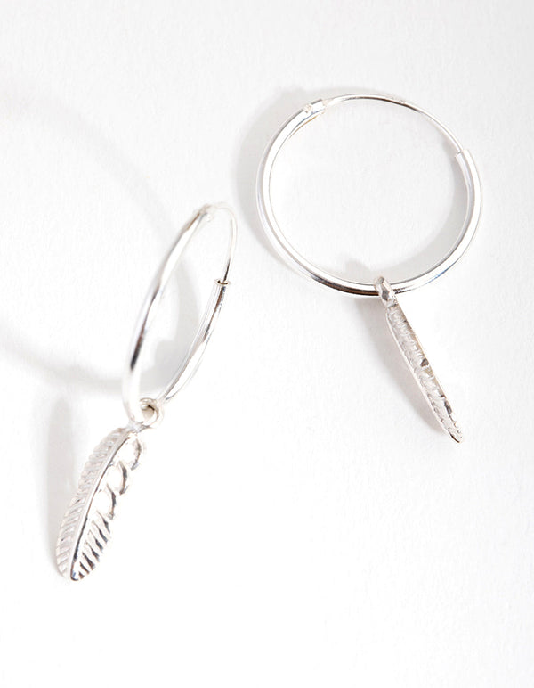 Sterling Silver Leaf Charm Hoop Earrings