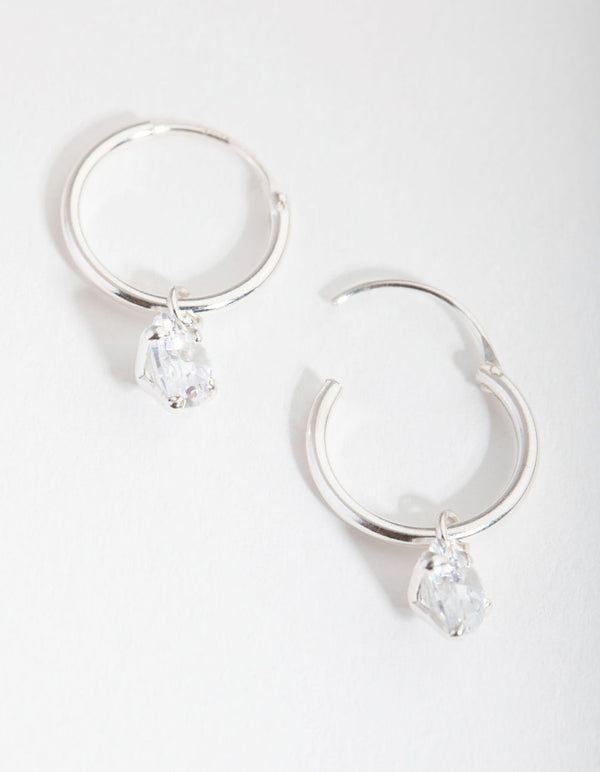 Sterling Silver Cubic Zirconia Heart Charm Hoop Earrings