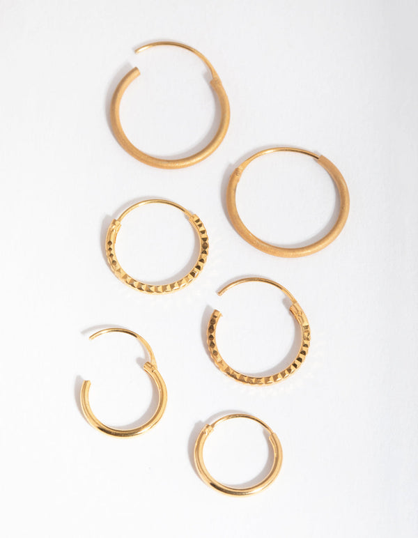 Real Gold Plated Sterling Silver Mix Texture Hoop 3-Pack Earring