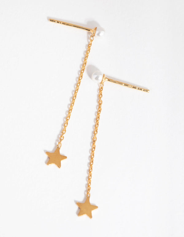 Gold Plated Sterling Silver Pearl and Star Drop Earrings
