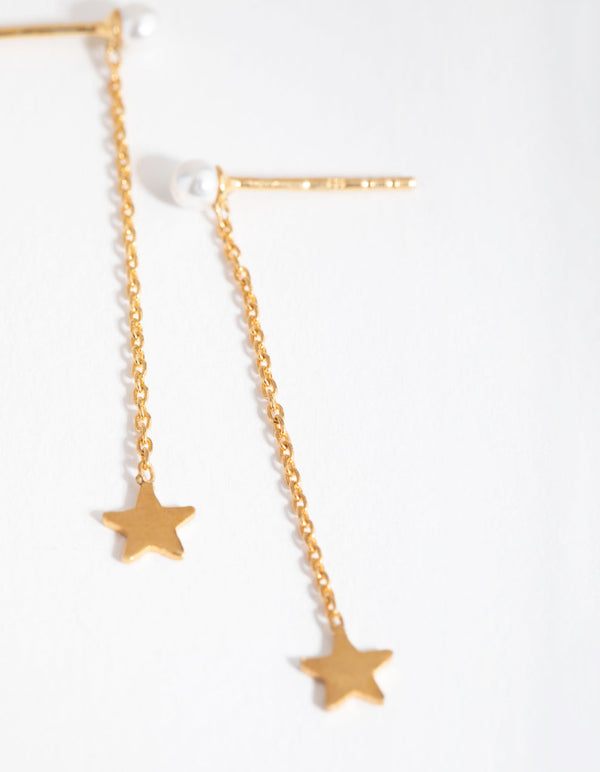 Gold Plated Sterling Silver Pearl and Star Drop Earrings