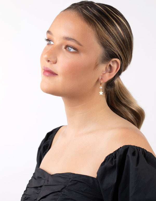 Gold Plated Sterling Silver Pearl Star Drop Earrings