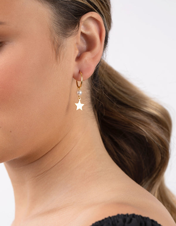 Gold Plated Sterling Silver Pearl Star Drop Earrings