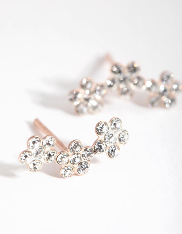 Rose Gold Plated Sterling Silver Diamante Flower Crawler Earrings