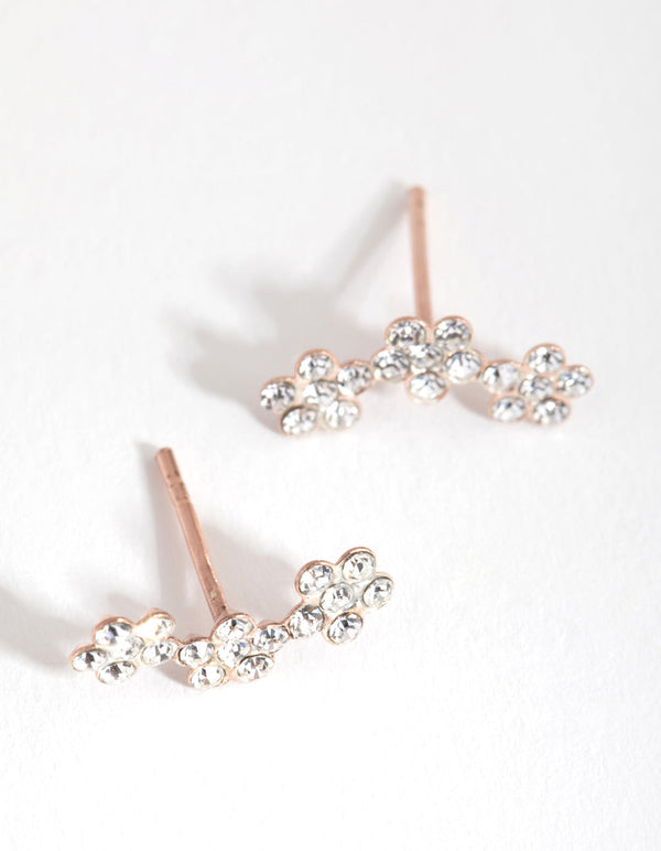 Rose Gold Plated Sterling Silver Diamante Flower Crawler Earrings