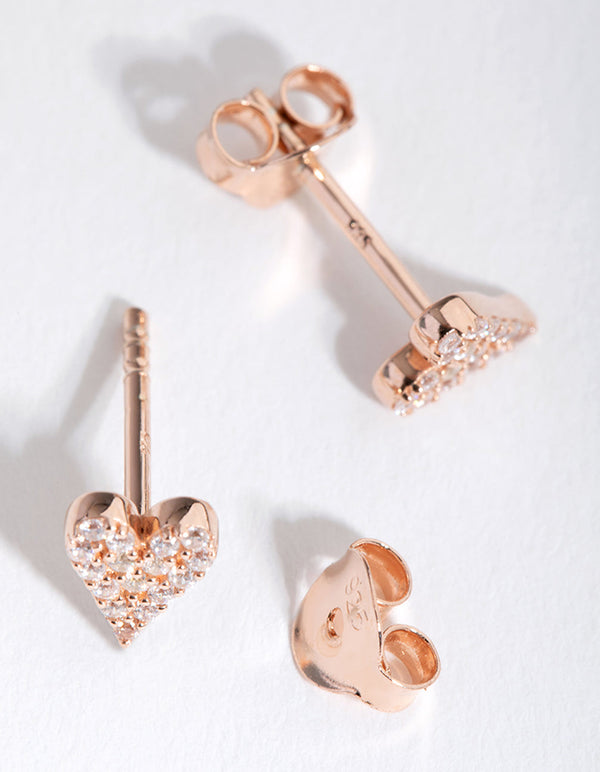 Sterling Silver Rose Gold Pave Heart Stud Earrings