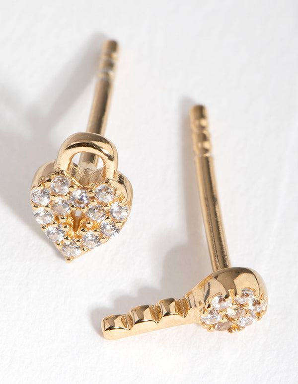 Gold Plated Sterling Silver Lock and Key Stud Earrings