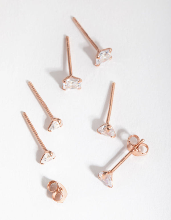 Sterling Silver Rose Gold Statement Cubic Zirconia Stud 3-Pack Earring