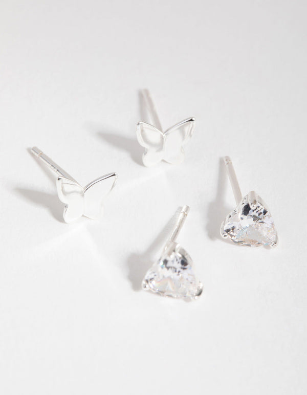 Sterling Silver Cubic Zirconia Butterfly 2-Pack Stud Earring