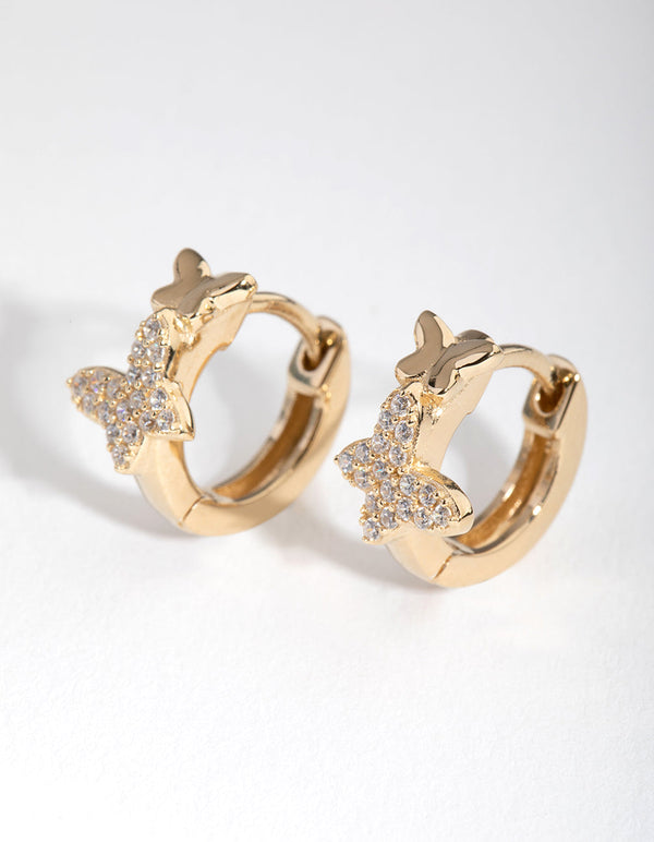 Gold Plated Sterling Silver Cubic Zirconia Butterfly Huggie Earrings
