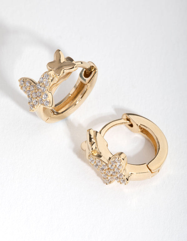 Gold Plated Sterling Silver Cubic Zirconia Butterfly Huggie Earrings