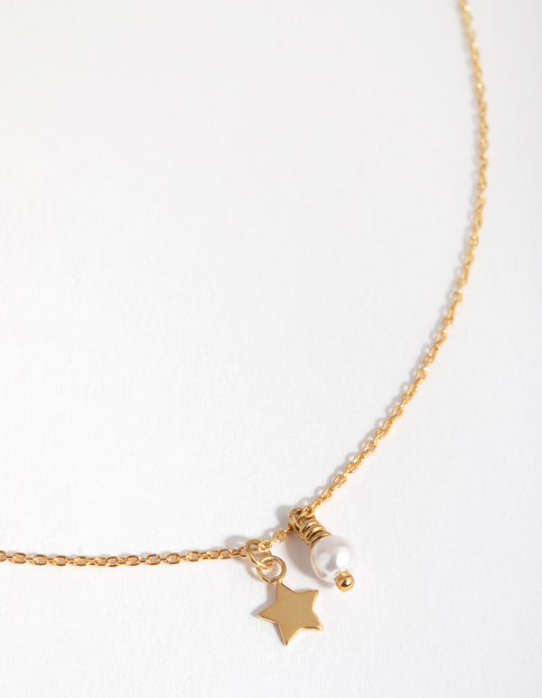 Gold Plated Sterling Silver Pearl and Star Charm Necklace