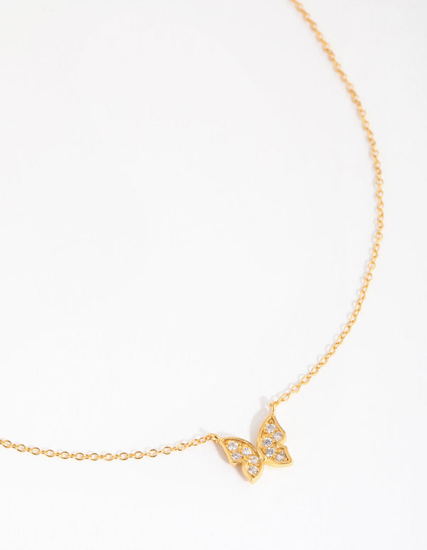 Sterling Silver Gold Plated Sterling Silver Pave Butterfly Necklace