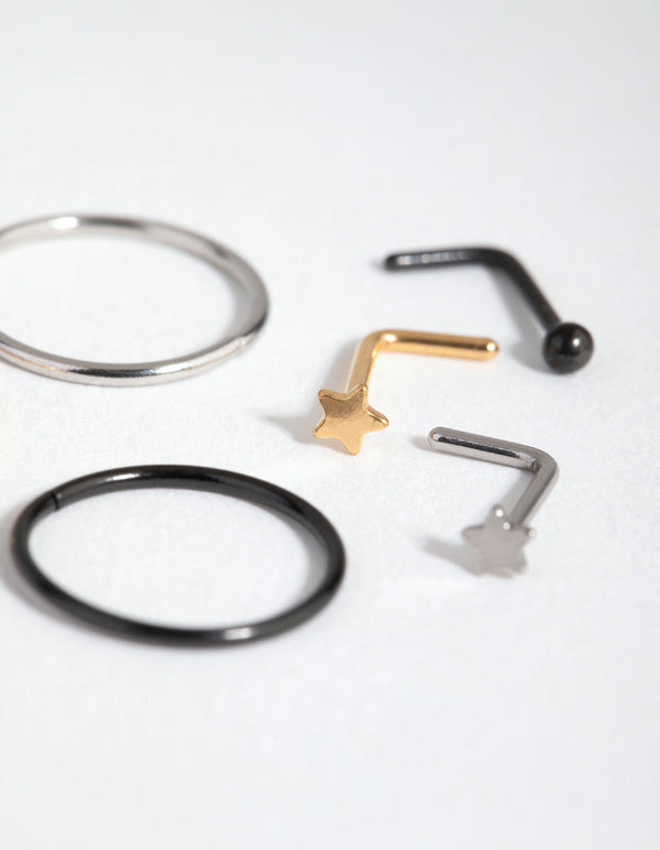 Mixed Metal Surgical Steel Ball Star 6-Pack Nose Rings and Studs