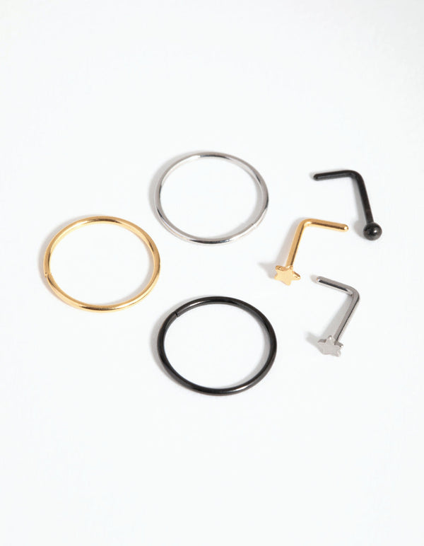 Mixed Metal Surgical Steel Ball Star 6-Pack Nose Rings and Studs