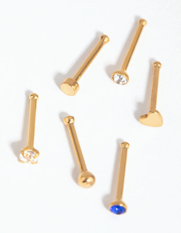 Gold Surgical Steel Heart Diamante 6-Pack Nose Studs