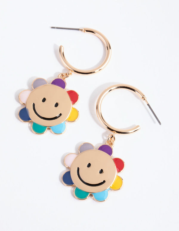 Gold Rainbow Enamel Flower Hoop Earrings
