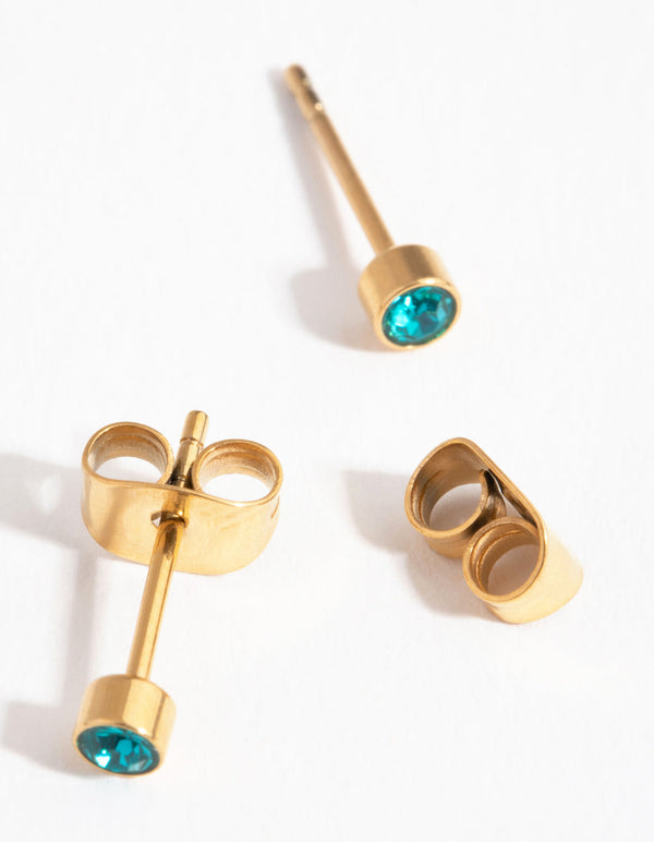 24 Carat Gold Plated Titanium December Blue Zircon Stud Earrings
