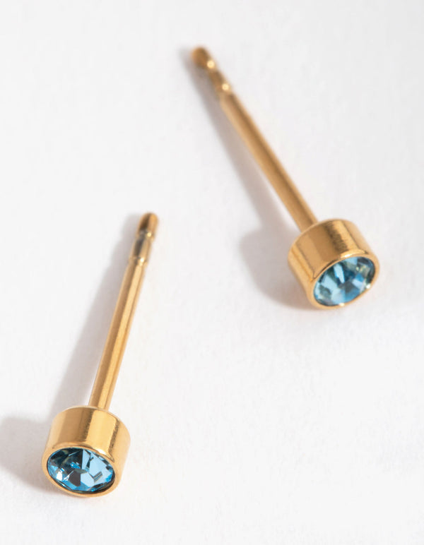 24 Carat Gold Plated Titanium March Aquamarine Stud Earrings