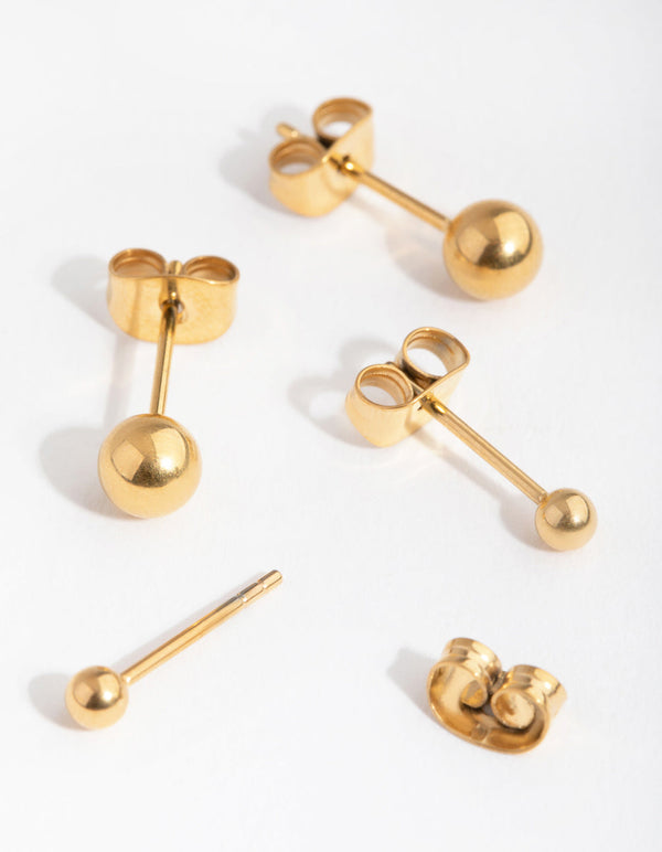 24 Carat Gold Plated Titanium Graduated Ball Stud Earrings