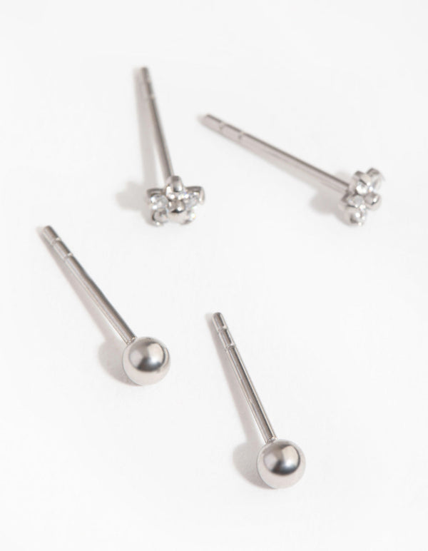 Surgical Steel Flower and Ball 2-Pack Stud Earrings