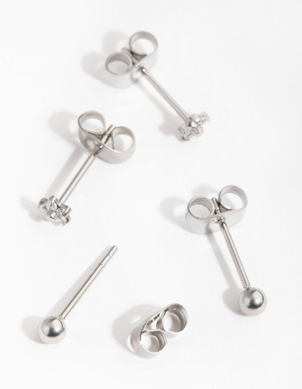Surgical Steel Flower and Ball 2-Pack Stud Earrings
