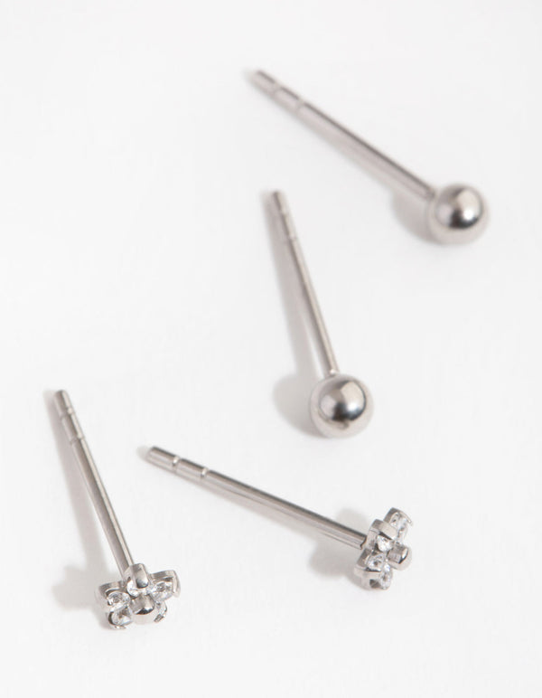 Surgical Steel Flower and Ball 2-Pack Stud Earrings