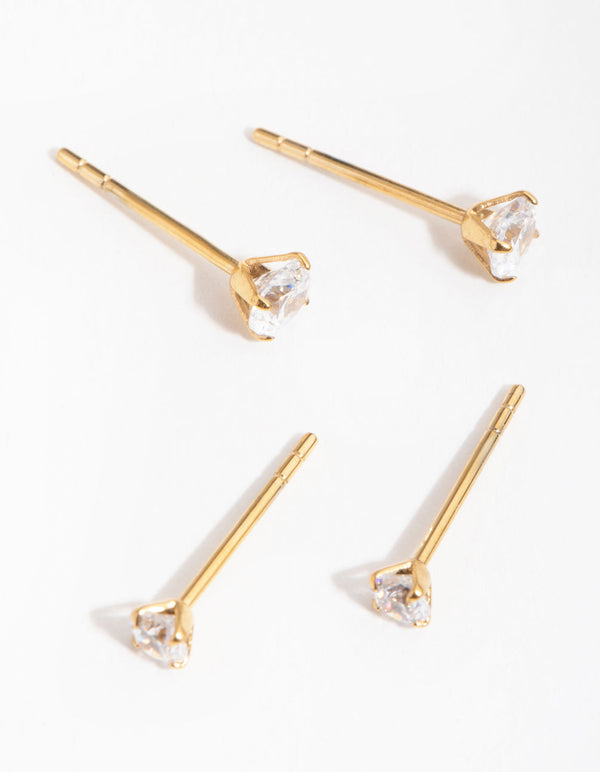 24 Carat Gold Plated Surgical Steel Round Cubic Zirconia 2-Pack Stud Earrings