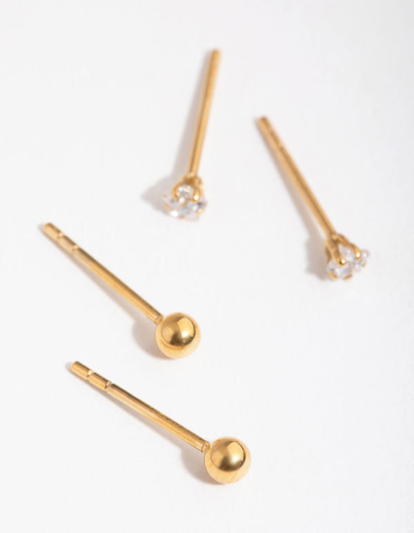 24 Carat Gold Plated Surgical Steel Star and Ball 2-Pack Stud Earrings