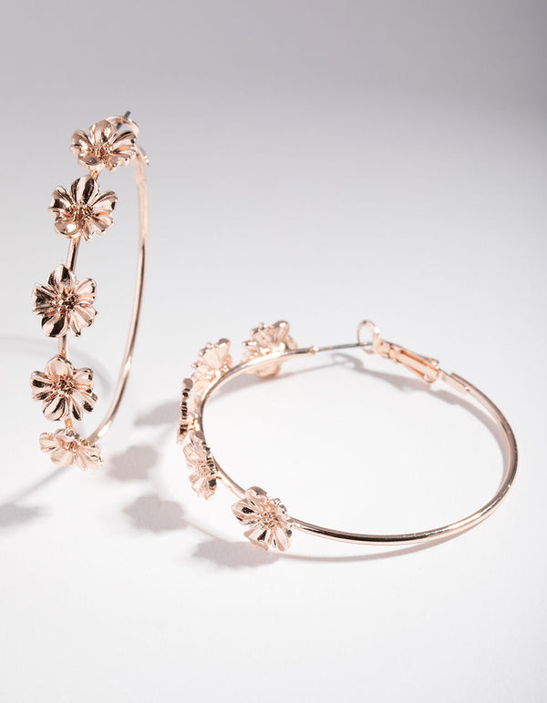 Rose Gold Metal Flower Hoop Earrings