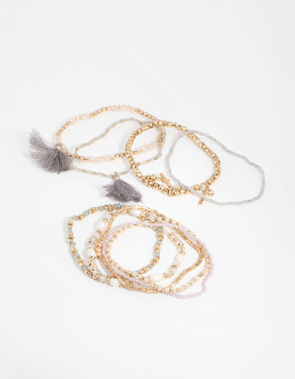 Gold Freshwater Pearl Tassel 9-Pack Bracelets