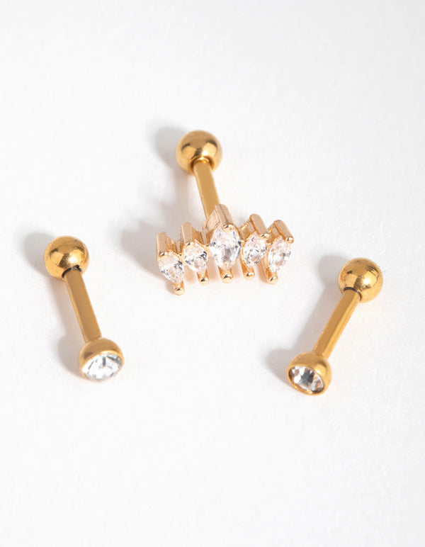 Gold Surgical Steel Cubic Zirconia Marquise 3-Pack Barbells