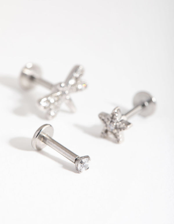 Surgical Steel Rhodium Flower Dragonfly 3-Pack Flat Backs