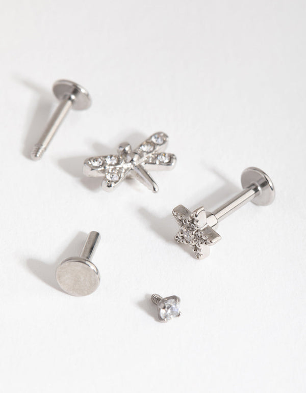 Surgical Steel Rhodium Flower Dragonfly 3-Pack Flat Backs
