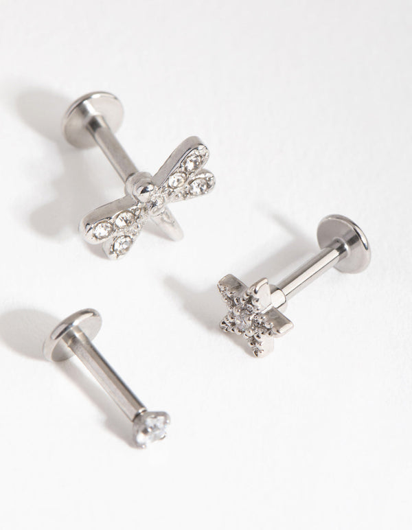 Surgical Steel Rhodium Flower Dragonfly 3-Pack Flat Backs
