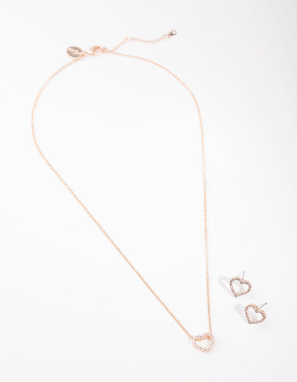 Rose Gold Diamond Simulant Heart Necklace and Earrings Set