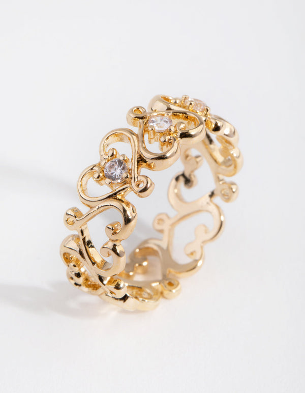 Gold Heart Swirl Diamante Ring