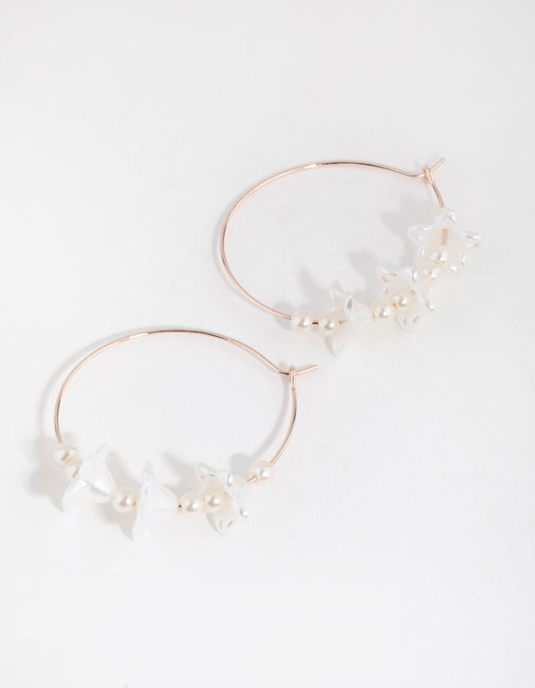 Rose Gold Faux Pearl Flower Hoop Earrings