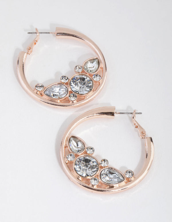 Rose Gold Diamante Cluster Hoop Earrings
